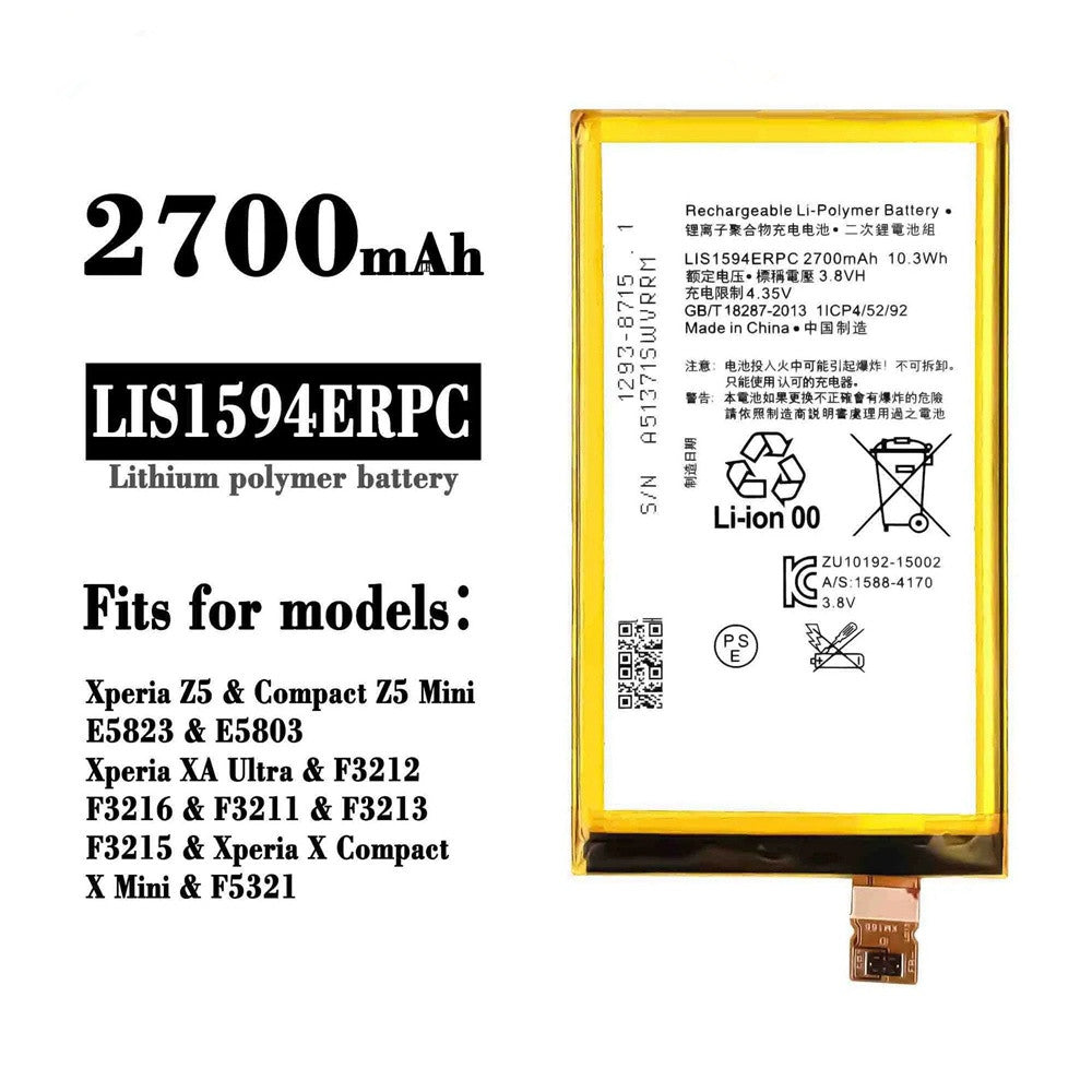 Batterie de remplacement pour Sony Xperia XA Ultra / Z5 Mini / Z5 Compact (E5803 E5823), LIS1594ERPC Batterie de remplacement pour Sony Xperia XA Ultra / Z5 Mini / Z5 Compact (E5803 E5823), LIS1594ERPC